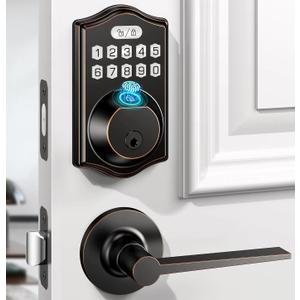 keyless Entry Door Lock deadbolt with Handle Set-Front Smart Door Locks for Front Door-with 2 Lever Handles-Electronic Keypad Code Deadbolt,Fingerprint Door Lock-Auto Lock (Oil Rubbed Bronze)