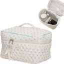 Aesthetic Kawaii Cute Makeup Bag Travel Cotton Quilted Cosmetic Organizer with Handle Toiletry Pouch for Women Teen Girls (Beige Floral)