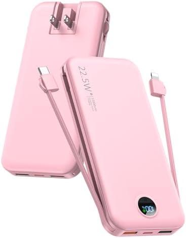 Portable Charger Power Bank, 12000mAh 22.5W USB C Power Bank Fast Charging with Built-in Cables and Wall Plug, Travel Essential Battery Pack with LED Display Compatible with iPhone, iPad, Samsung Pink