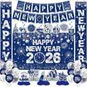 New Years Decorations 2026,Happy New Years Eve Party Supplies Blue and Silver Nye Party Decorations With Backdrop Door Banner Hanging Swirls Honeycomb Balloon