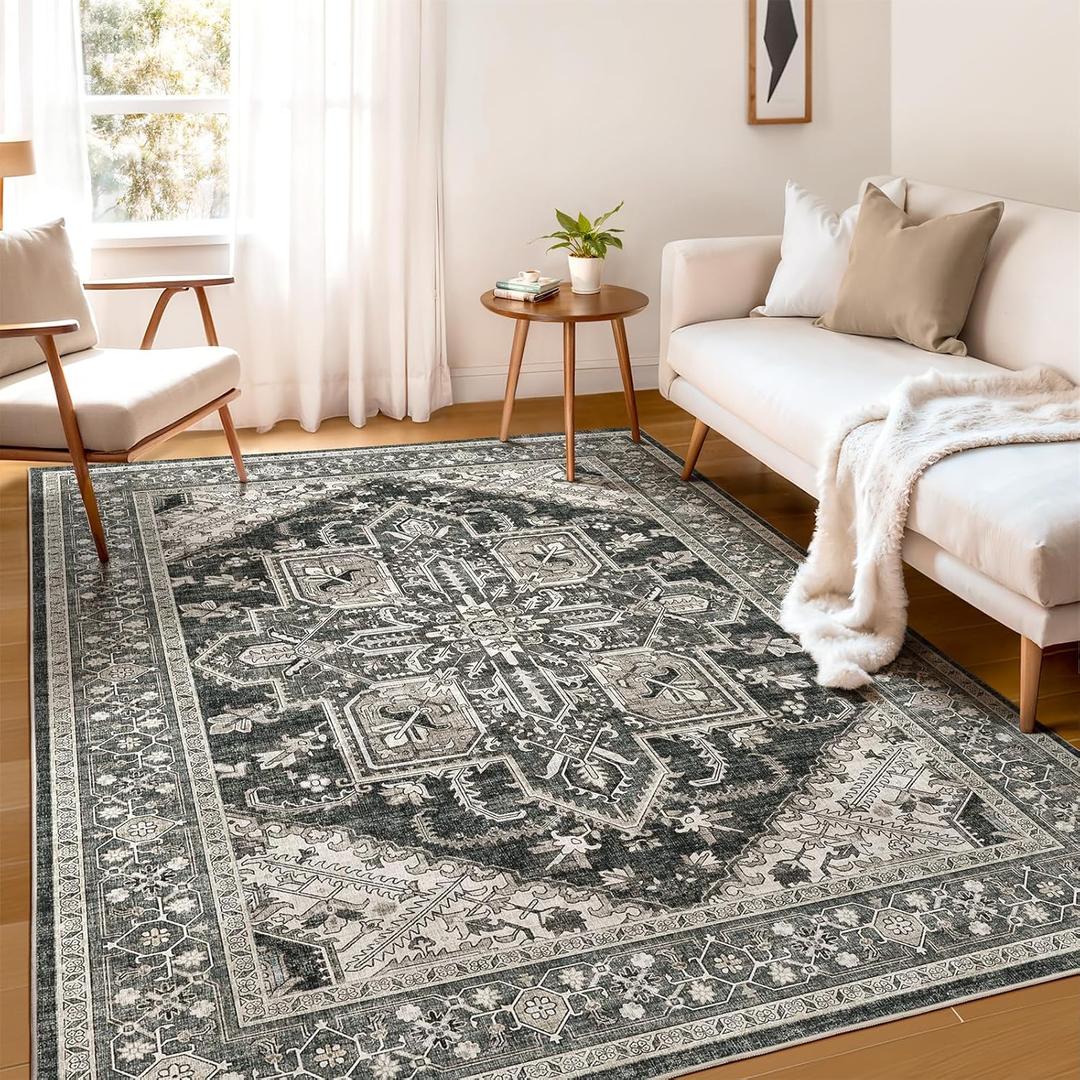 WITSHOCK Living Room Area Rugs 6x9: Washable Rug Boho Soft Non-Slip Low Pile Stain Resistant Foldable Carpet for Bedroom Playroom Dining Room Office Kitchen Farmhouse Home Decor Rug-Bitter Black