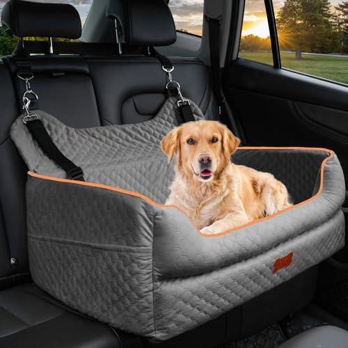 Dog Car Seat for Large/Medium Dogs - Memory Foam Dog Booster Seat for Under 55Lbs or 2 Small Dogs-Detachable and Washable Travel Bed with Thick Cushion and Storage Pockets-Grey
