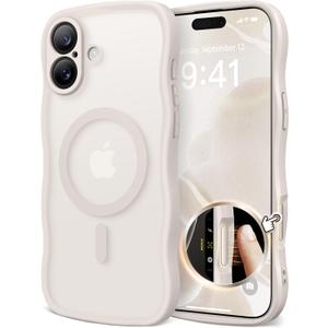 CAPRARO for iPhone 16 Case for Women Girls, Upgraded [Full Camera Protection] [Compatible with MagSafe] Cute Wave Translucent Matte Phone Case for iPhone 16, Stone