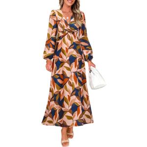 ZESICA Women's Floral Long Sleeve Midi Dresses 2026 Fall Boho V Neck Belted High Wasit Flowy Wedding Cocktail Party Dress (Brown, S)