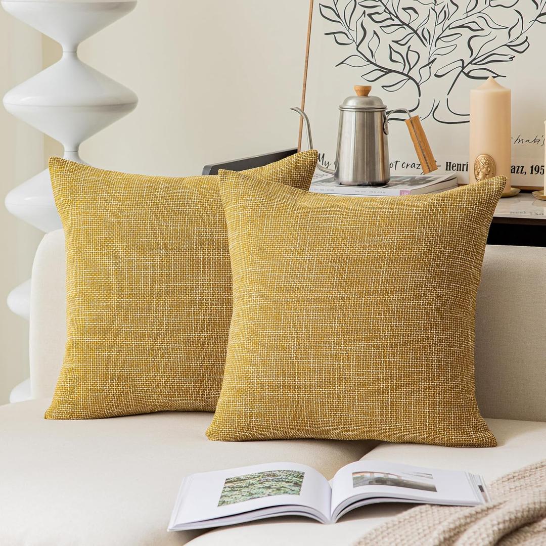 Kevin Textile Pack of 2, Star Faux Linen Decorative Square Throw Pillow Covers Set Cushion Case for Sofa Bedroom Car, 20x20 Inch, Honey Yellow