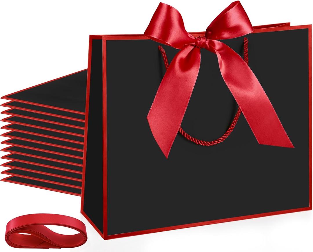 Silkfly 12 Pcs Thank You Gift Bags with Handle 12x10x4'' Welcome Elegant Gifts Bag with Bow Ribbon for Mother's Day Wedding Graduation Bridesmaid Baby Shower Birthday Housewarming (Black,Red)