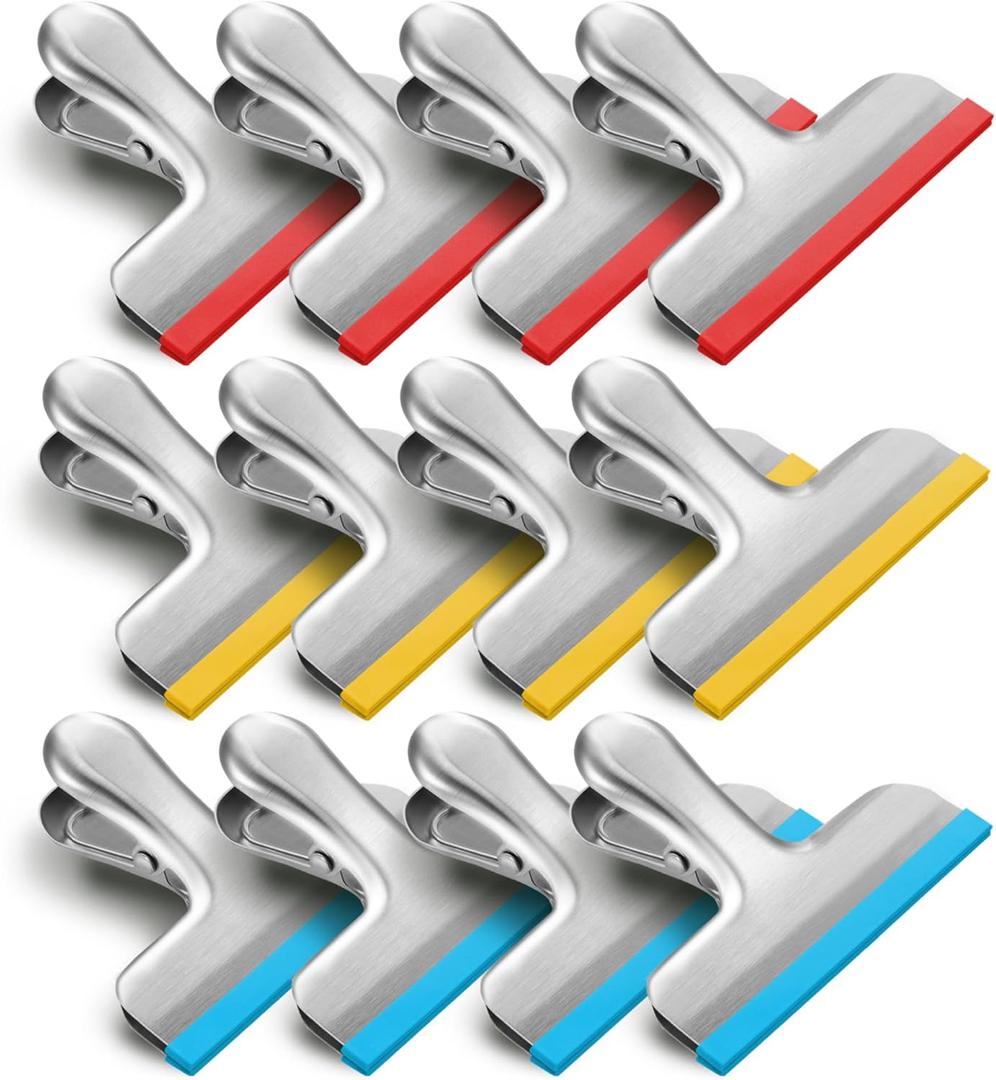 HOUSE AGAIN 12 Pack Stainless Steel Chip Bag Clips Covered with Silicone - NO More Sharp Edges - Color Coded for Food Bags - Air Tight Seal, Heavy Duty for Kitchen and Office, 3 Inches (Red,blue,yellow,silver)
