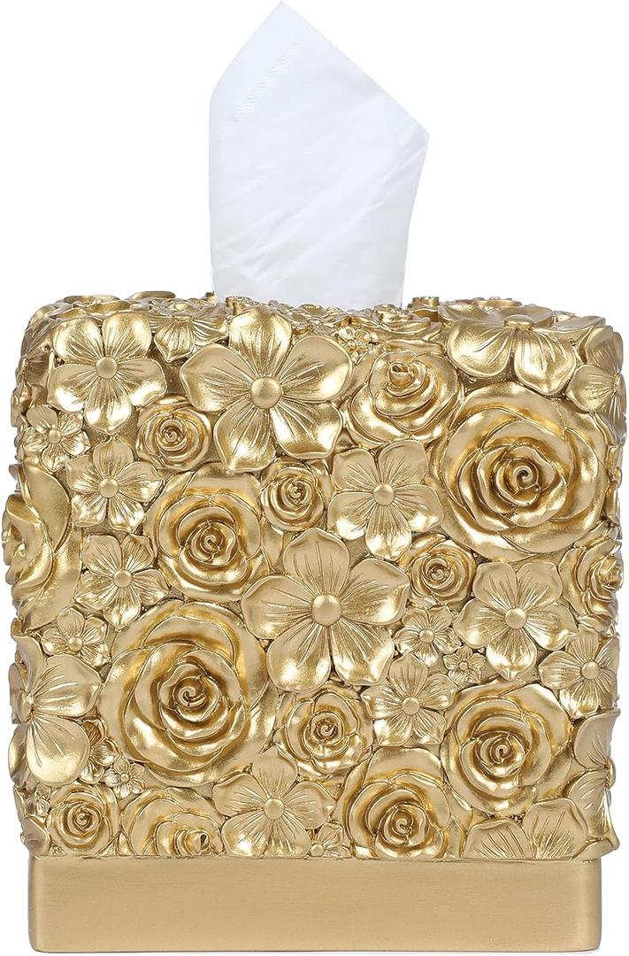 Hymmah Modern Square Tissue Box Cover Holder,Bathroom Accessories Decor Unique Design Tissue Box Cover for Bathroom Vanity Counter Tops Also Great for Bedrooms and Living Rooms, Petal Golden