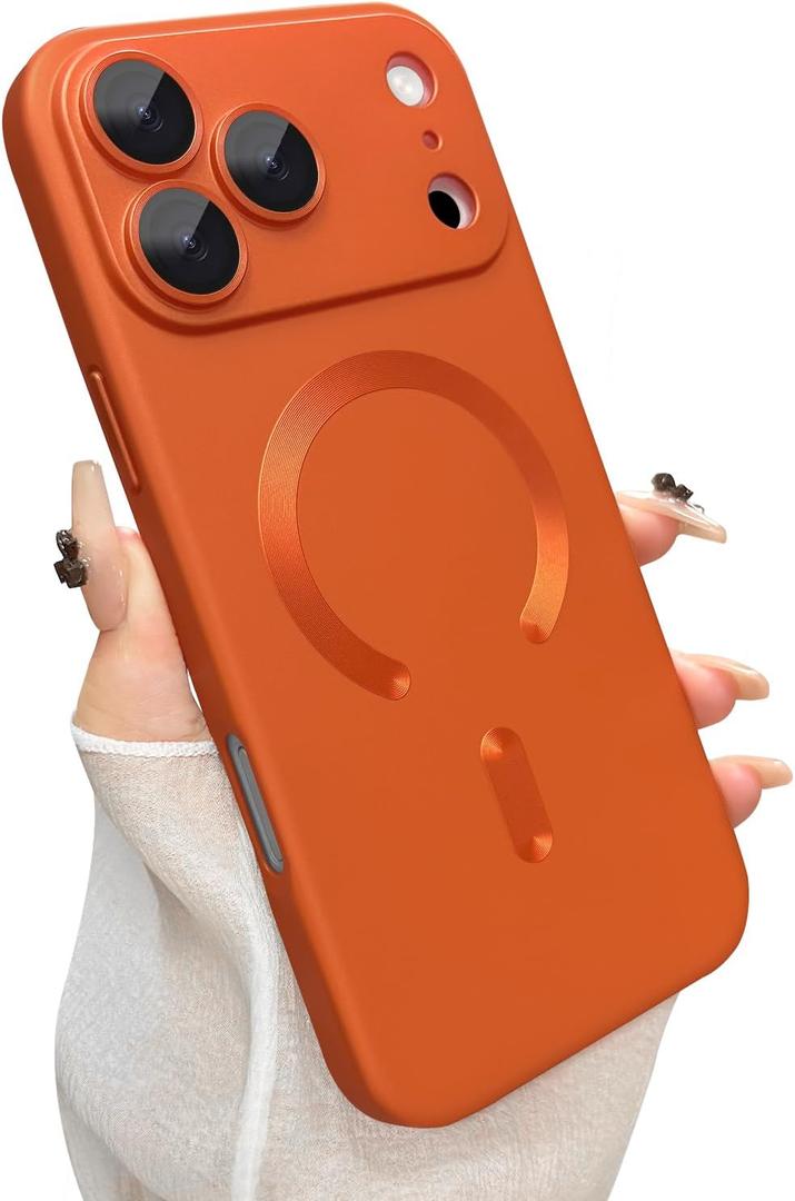 ankofave Magnetic for iPhone 17 Pro Case, with Camera Lens Protector, Compatible with Magnetic, Slim Shockproof Bumper Soft Silicone Metallic Luster Phone Case for iPhone 17 Pro, Orange