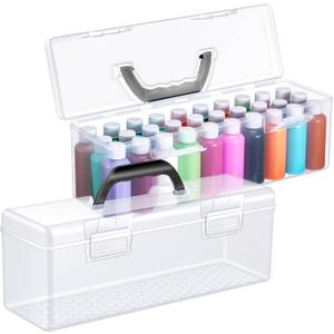 2 Pcs Paint Storage Box for 2 Fl. oz Acrylic Paints, Acrylic Portable Craft art Organizer with Handle, 30 Bottles Capacity Plastic Art Supply Clear Boxes