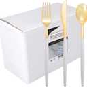 I00000 144Pcs Gold Plastic Silverware, Gold Plastic Utensils Set,Disposable Utensils Heavy Duty,Disposable Silverware Set Includes 48 Forks,48 Knives,48 Spoons for Wedding & Party (White)