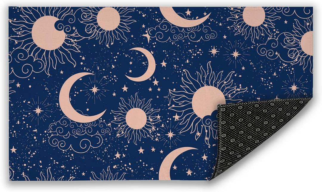 Boho Blue Space with Sun Welcome Door Mat, Mysty Crescent and Stars Indoor Outdoor Decor Patio Door Mats Non-Slip Mat for Home Entrance, Outside, Yard, Garden, Floor, 17x30 Inch