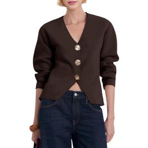 Daacee Cropped Cardigan Sweaters for Women V Neck Long Sleeve Gold Button Down Knit Cardigans Tops Outwear (X-Large, Coffee)