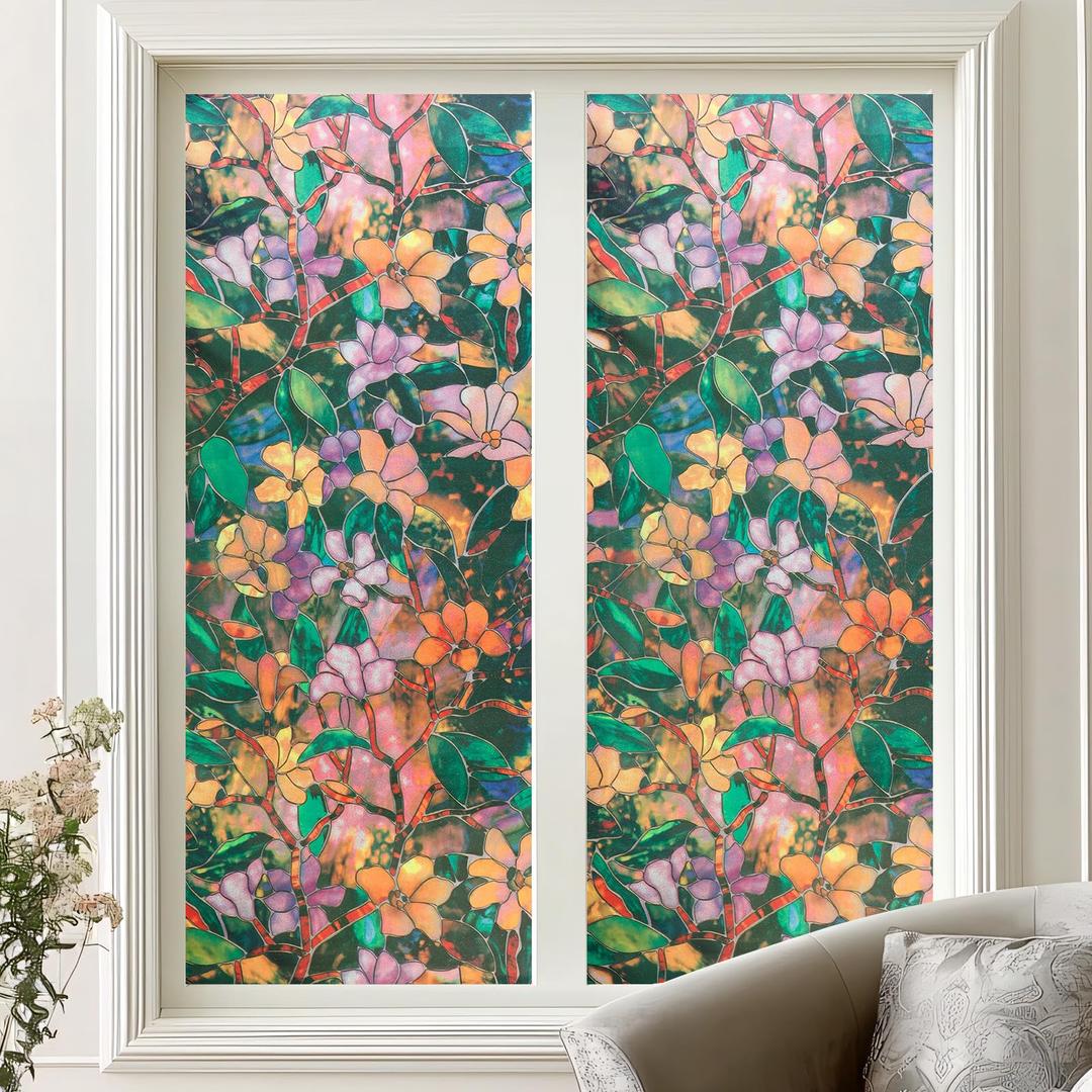 Amiya Stained Glass Window Film,Rainbow Window Privacy Film,Non-Adhesive Reusable Decorative for Home,Room,Door 23.6x78.7Inch,Floral