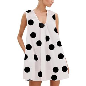 Lenader Women Summer Polka Dot Mini Dress Cute Flowy Sleeveless Babydoll Sundress Ruched A-Line Tank Short Dress with Pockets Large