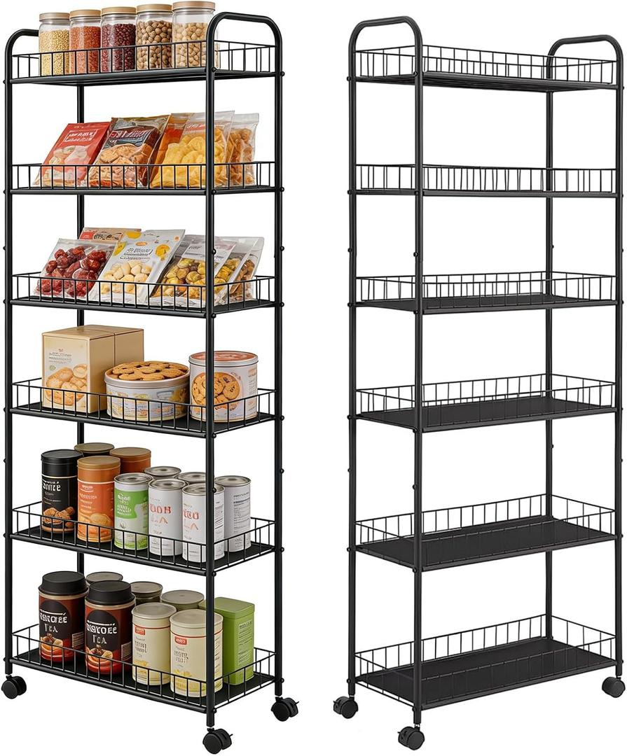 6-Tier Slim Storage Cart with Wheels,10in Wide Black Narrow Rolling Shelf,Sturdy Slim Storage Ideal for Kitchen, Bathroom, and Laundry Room