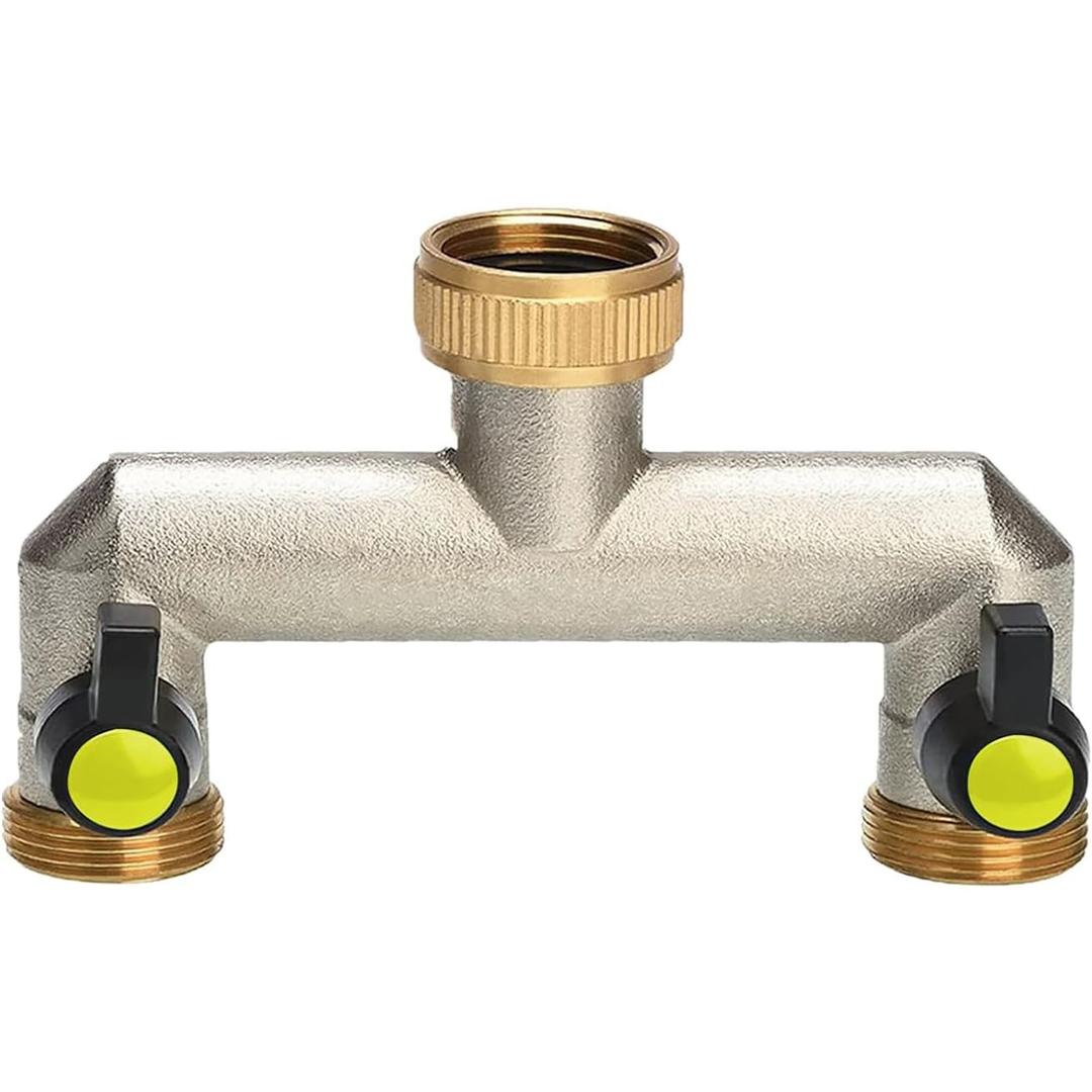 Garden hose distributor, 2-way water distributor made of brass with 2 leak-free ball valves, 3/4 inch internal thread on 2-way for adjusting and shutting off the water flow