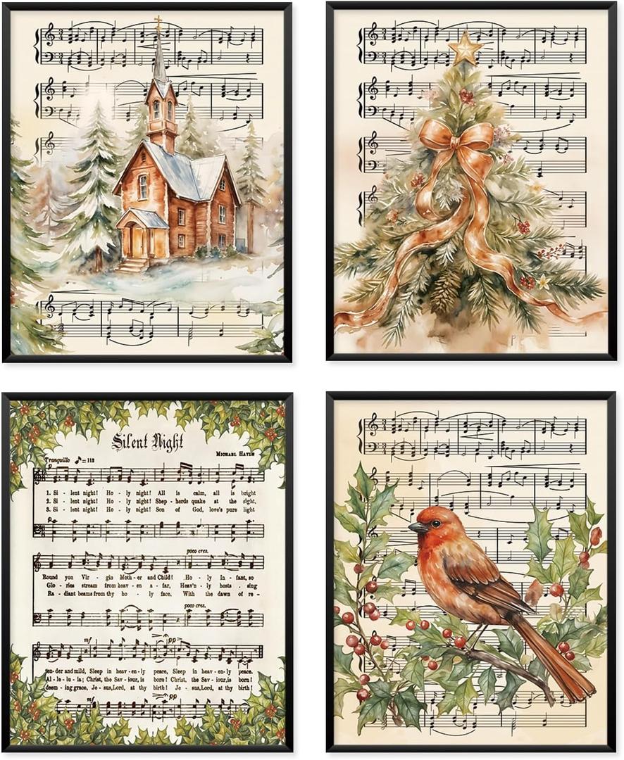 Winter Christmas Wall Art Decor, Retro Farmhouse Christmas Tree Red Bird Cardinal Prints Poster Wall Decorations for Bedroom Living Room Bathroom, 8x10 Set of 4 (Unframed)