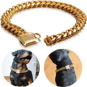 Gold Cuban Chain Dog Collar Solid Stainless Steel Link Chain Thick Pet Collar Cool Zirconia Lock Small Medium Large Dogs Collar (12Inch for 9.6-11.5" Dog Neck)