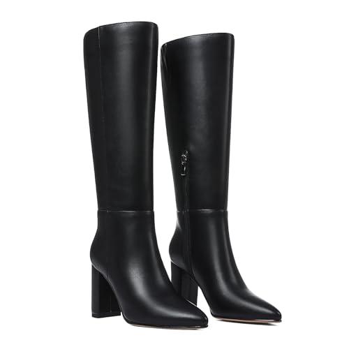 AOSPHIRAYLIAN Knee High Boots Women Black Boots Knee High Pointed Toe Chunky Heel Side Zipper Block Heel Fashion Dress Womens Shoes, Size 7.5