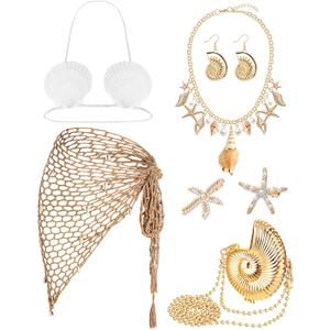 7 Pcs Summer Mermaid Cosplay Costume Accessories Women Mermaid Outfit Crochet Skirt Shell Bra Necklace Earring