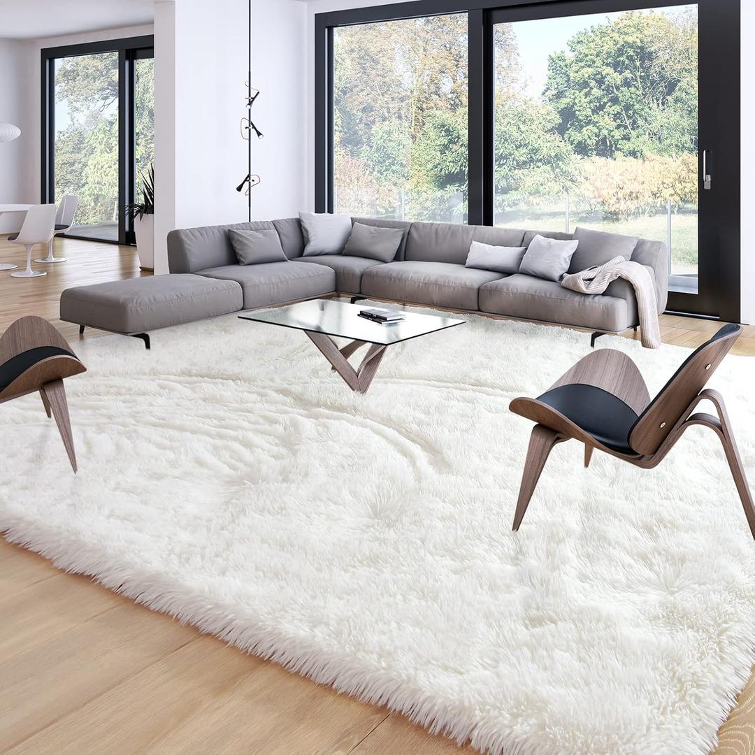 Merelax Soft Modern Indoor Large Shaggy Rug for Livingroom Bedroom Dorm Kids Room Home Decor, Non-Slip Plush Fluffy Furry Fur Area Rugs Comfy Nursery Accent Floor Carpet 9x12 Feet, Ivory