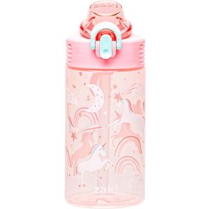 Zak Designs Sage Water Bottle For School or Travel, 16oz Durable Plastic Water Bottle With Straw, Handle, and Leak-Proof, Pop-Up Spout Cover (Fanciful Unicorn)