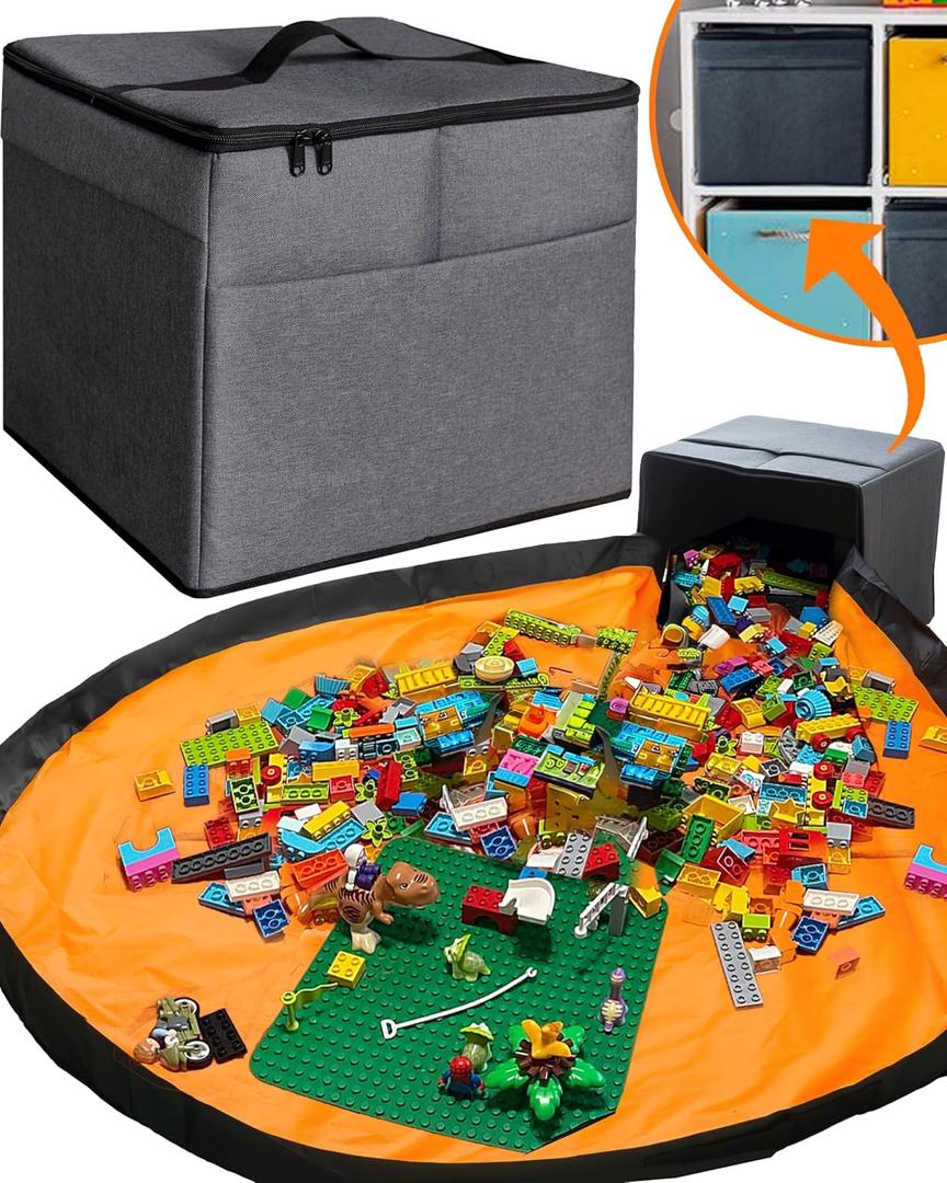 XL Toy Storage Organizer with Play Mat - Storage Bag/Box for Kids, Boys, Girls, Nursery, Playroom - Basket for Building Bricks/Blocks - Collapsible Fabric Cube Bin, 13"x13"x15" (Dark Gray)