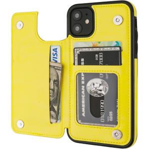for iPhone 11 Wallet Case with Card Holder,OT ONETOP PU Leather Kickstand Card Slots Case,Double Magnetic Clasp and Durable Shockproof Cover for iPhone 11 6.1 Inch(Yellow)
