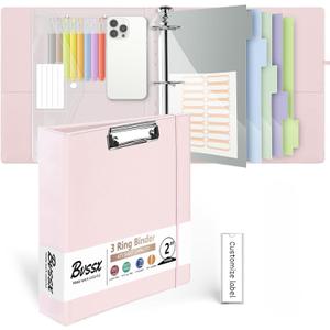 Leather 3 Ring Binder, 2 Inch Binders with Clipboards, 5-Tabs Pockets Dividers, 18 Divider Stikers, Plastic Folder, Pen Holder, Three Ring Binder with Pen Holder(Pink, Letter Size)