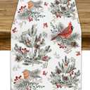 Christmas Red Bird Table Runner, Winter Xmas Red Berries Fir Branch Seasonal Farmhouse Dinner Table Decoration for Home Living Room Kitchen Dining Room 13x36in
