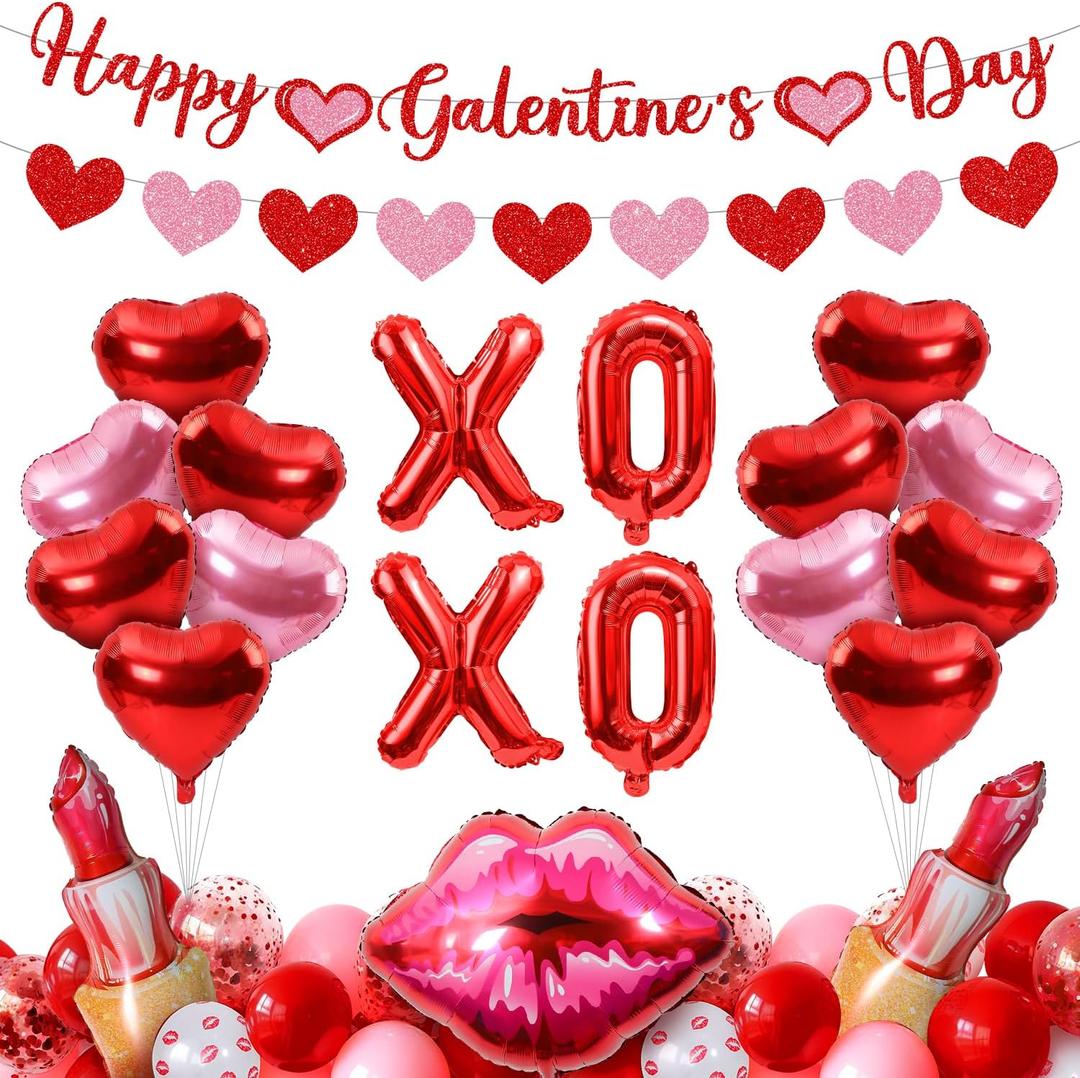 53pc Galentines Day Decorations, Happy Galentines Day Balloons Kit with Banner, Heart Foil Balloons, Latex Balloons for Girls Galentine Party Decor, Girls Night (Colorful)