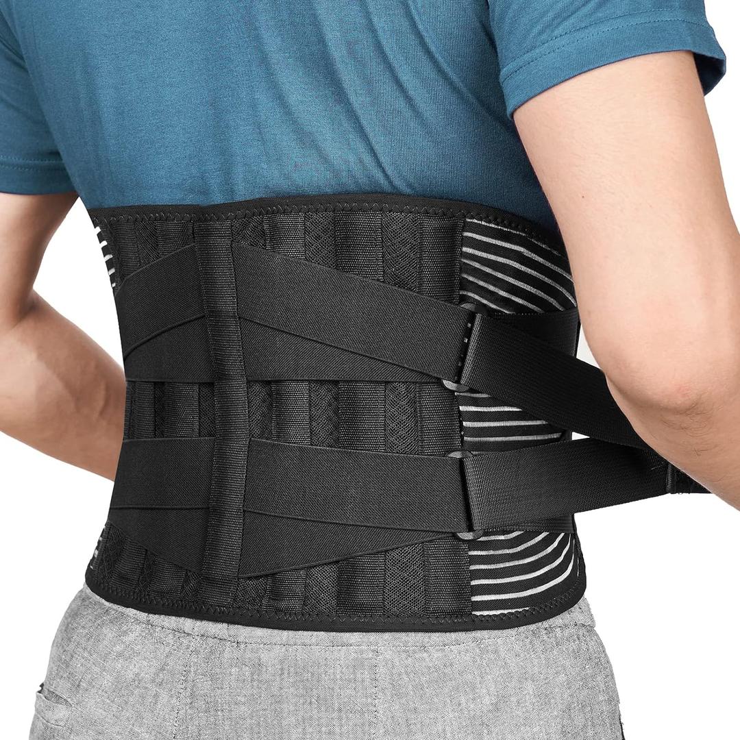 FREETOO Back Braces for Lower Back Pain Relief with 6 Stays, Breathable Back Support Belt for Men/Women for work, Anti-skid lumbar support belt with 16-hole Mesh for sciatica(Waist Size:45.3''-55'')