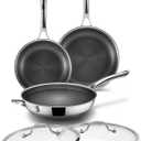 3-Piece Hybrid Stainless Steel Cookware Set-12 Inch Wok with Lid,10 Inch Frying Pan,12 Inch Skillet with Lid-Non Stick,PFOA Free,Dishwasher&Oven Safe,Induction Compatible,Cookware Set