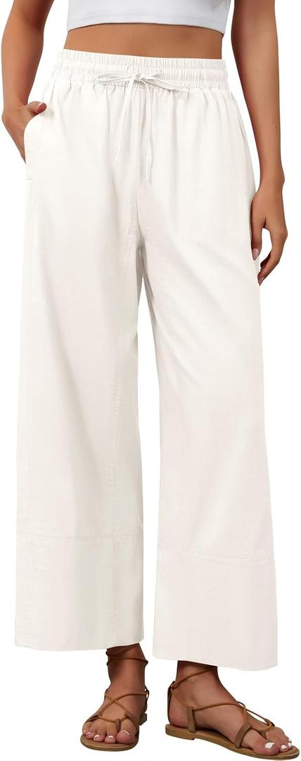 Womens Cotton Linen Pants Wide Leg Summer Trousers with Pockets | Boho Loose Fit, Drawstring Waist, Long Lounge Trousers (Beige, M)