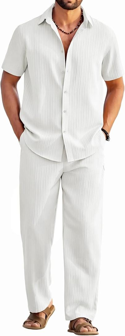 COOFANDY Mens 2 Piece Outfits Casual Summer Beach Textured Button Down Shirt Loose Pants Set XXL