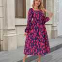 Women's Long Sleeve Button Decor Dress Boho Flowy Square Neck Maxi Dress 2025 Fall Casual Trendy Dresses (M)