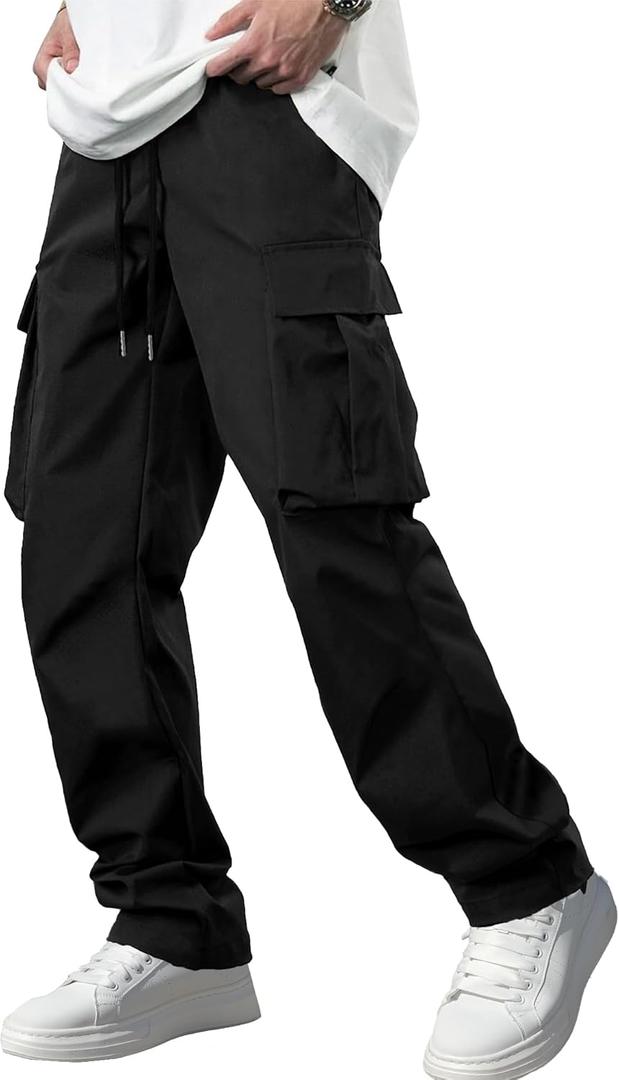 Comdecevis Men's Casual Cargo Pants Workout Joggers Stretch Sweatpants Hiking Drawstring Tactical Pants with Multi Pockets (XX-Large, Black)