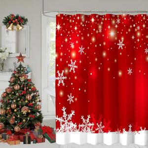 YOSTEV Christmas Shower Curtain, Red Christmas Snowflakes Shower Curtains for Bathroom Decor, Red Winter Holiday Shower Curtain, Xmas Funny Glitter Sparkle Fabric Cloth Bath Curtain, 72x72 Inch