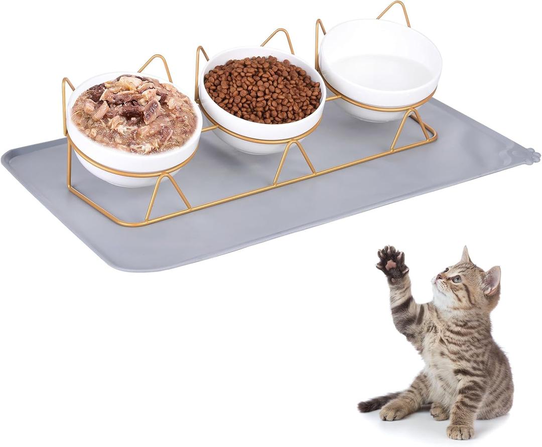 Trosetry Cat Bowls Set of 3, Ceramic Raised Cat Food Bowl with Pet Food Mat Elevated 15Tilted Kitten Drink Bowl Gold Stand for Food and Water Anti Vomiting Dish for Indoor Cats Puppy and Small Dogs