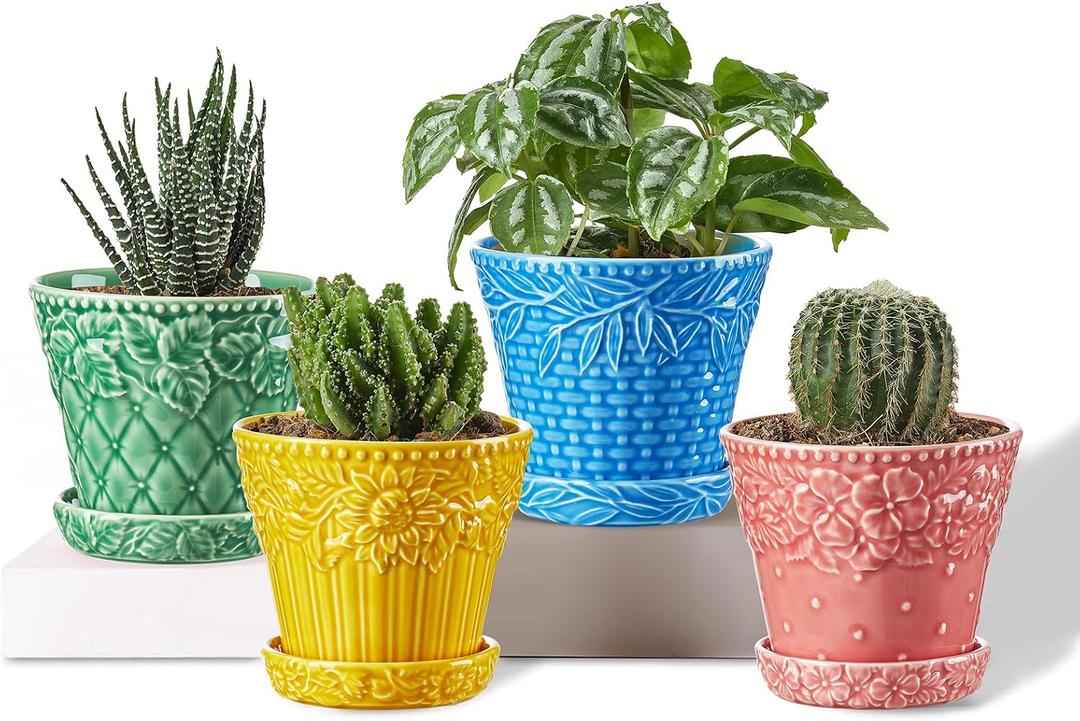 Metahom Succulent Ceramic Pots, 3.8 Inch Small Plant Pots with Drainage Hole & Saucer, Flower Planter Pot for House Plants Cacti, Home Decor, Set of 4, Assorted Colors