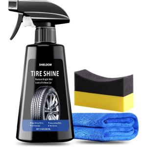 Tire Shine Spray Deep Tire Black Finish Long-Lasting UV Protection High Gloss Tire Coating Showroom New Wet Shine with Easy Applicator Pad & Towel Safe for Cars, Trucks, SUVs, RVs - 9 fl oz