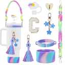 8Pcs Initial Stanley Cup Accessories Set for 40Oz 30Oz 20Oz - Teen Girls Gifts Tumbler Cup Decorations with Handle, Rainbow Straw Topper, Flower Charms, Silicone Boot and Letter Stickers C