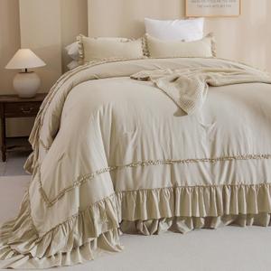 Masaca Oversized King Comforter 128x120,Farmhouse Shabby Boho Chic Ruffled Bedding Comforter Set,3pcs Extra Large King Size Wheat Ruffle Comforter Sets French Country Bedding Set Ultra Soft, Oversized King Plus 128x120