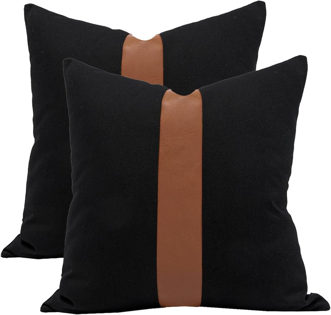 Set of 2 Black Decorative Throw Pillow Cover 20x20 Square Cushion Covers Farmhouse Rustic Pillow Case Modern Leather Pillow Cover for Sofa Couch Chair Bedroom Boho Decor