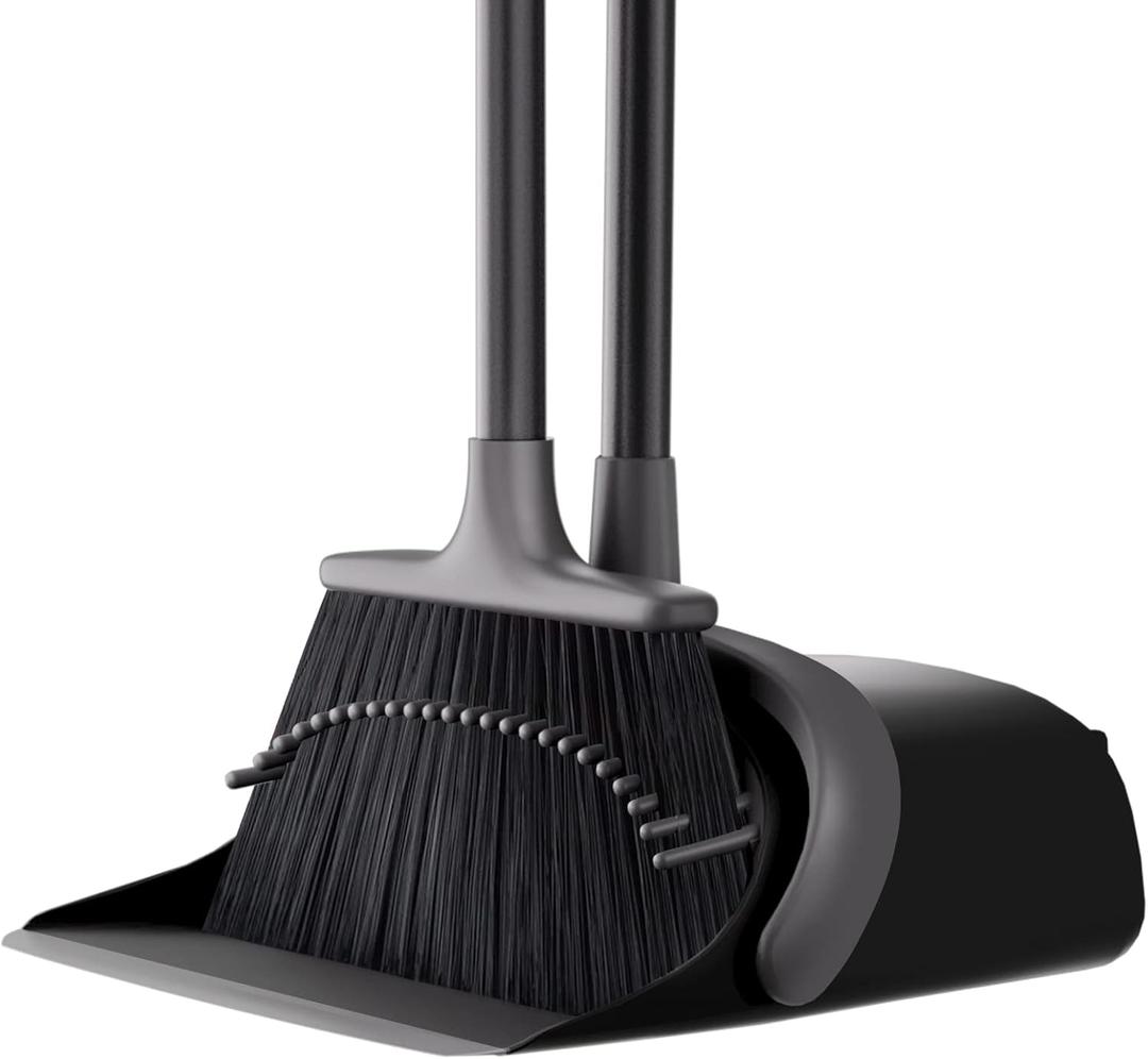 Broom with Dustpan Combo Set, Upgrade 52'' Long Handle Broom and Dustpan Set, Standing Dust pan and Brooms for Home Kitchen Office Lobby Floor, Dust Pan with Built-in Teeth for Easily Removing Hair (Gray)