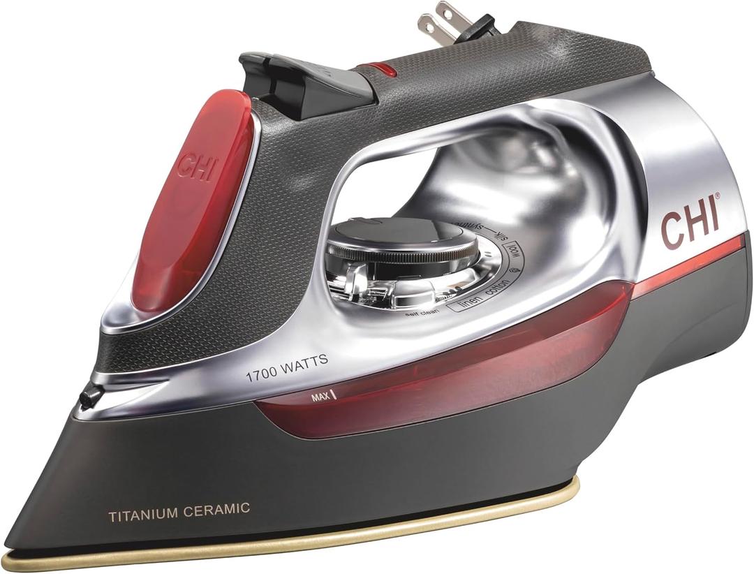 CHI Steam Iron for Clothes with 8 Retractable Cord, 1700 Watts, 3-Way Auto Shutoff, 400+ Holes, Professional Grade, Temperature Control Dial, Titanium Infused Ceramic Soleplate, Silver (13106)