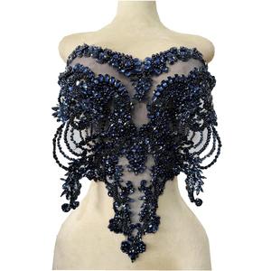 Handmade red/Blue/Gold/Green Rhinestones lace Bodice Applique Sewing Beads Crystal Trim Patches Accessory for Dress Clothes (Deepblue)