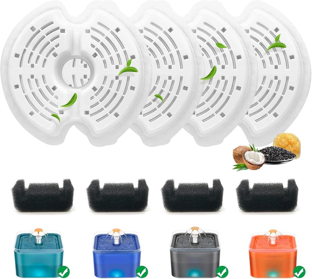 4 Pack Cat Water Fountain Filters with 4 Sponges, Pet Replacement Filters for 67oz/2L Pet Drinking Fountain Dog Water Dispenser