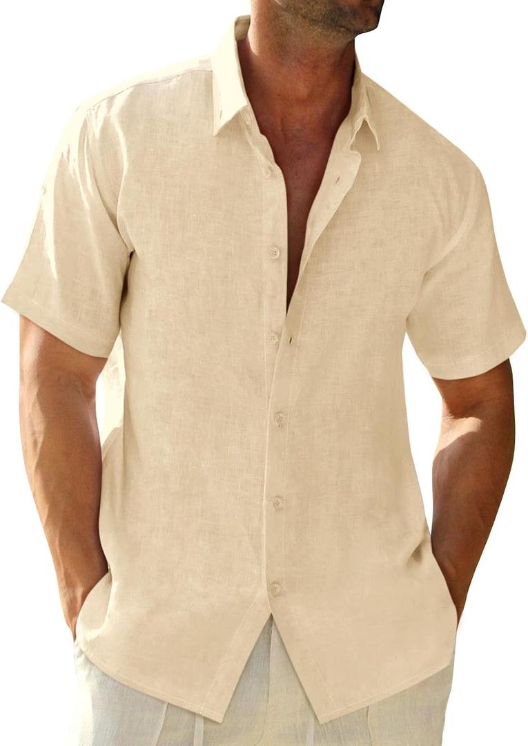 Runcati Mens Button Down Linen Shirts Short Sleeve Casual Summer Beach Tops (Beige)